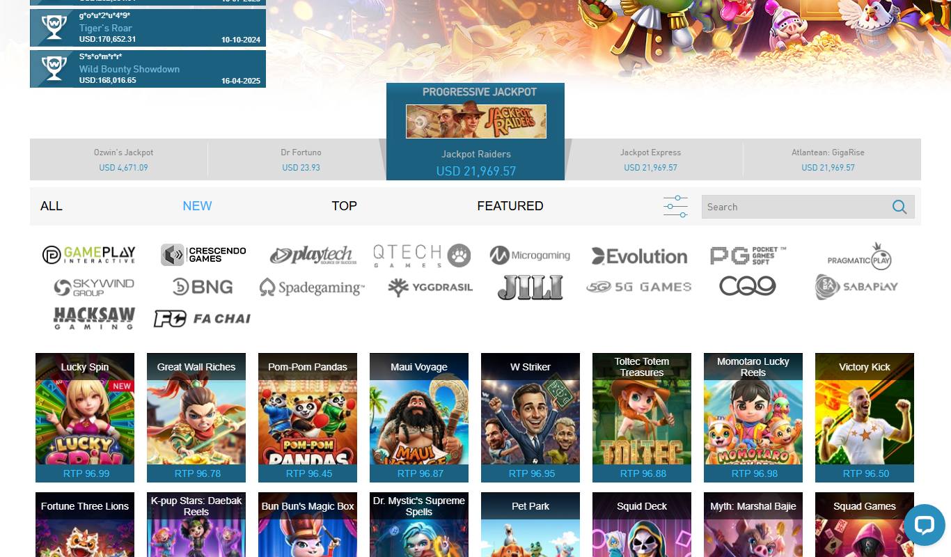 W88 slots lobby with provider logos including Playtech, Microgaming, Pragmatic Play, Hacksaw and Fa Chai, and RTP shown on each game tile