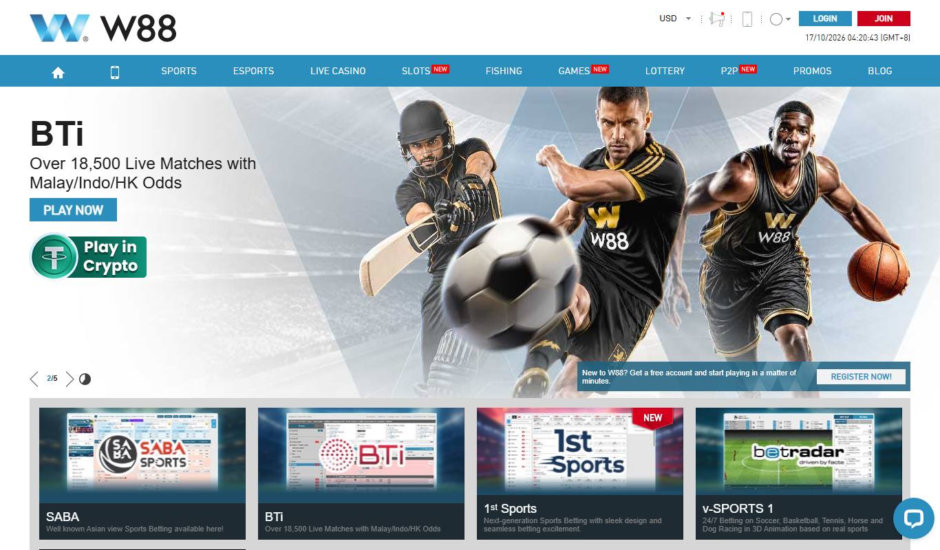 W88 sports page with BTi banner and SABA, BTi, 1st Sports and v-Sports sportsbook tiles